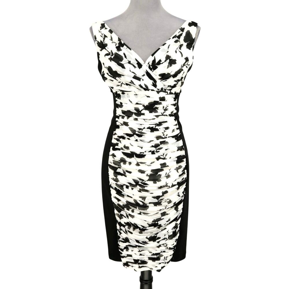 WHBM Dress Womens 4 Black White Floral Ruched Chiffon Zip Lined Colorblock New
